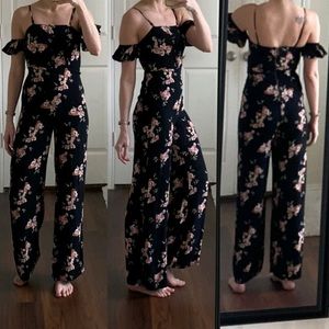 Black pink white floral off shoulder jumpsuit
